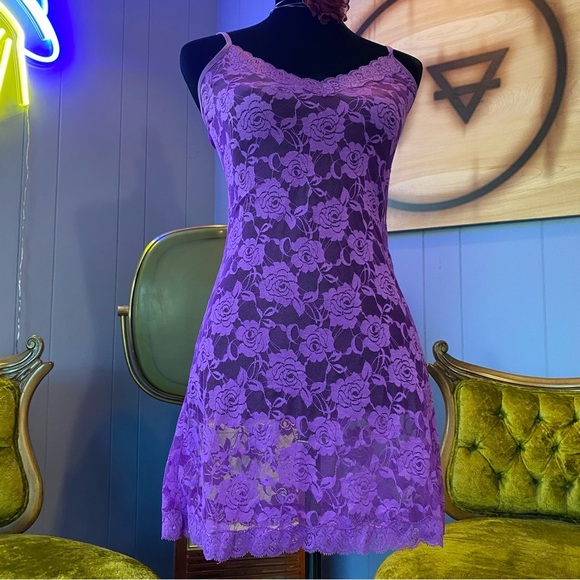 Y2K Purple Lace Lingerie Slip Dress – Sheer Floral Mini Size Medium - Picture 4 of 6